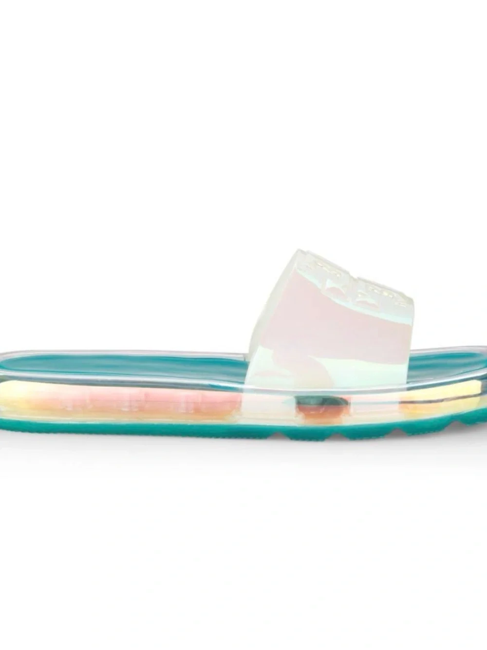 Tory Burch Iridescent Peach Slide Sandals with Teal Footbed